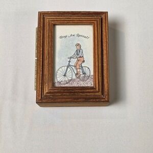 Vtg Wooden Keepsake Box Hinged Picture Frame Lid Boys Are Special Bicycle Art